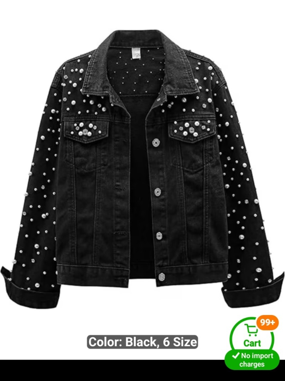 Black Pearl-Stud Denim Jacket for Women - Brand: